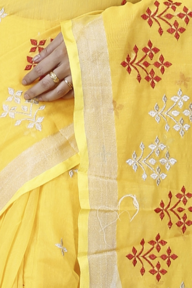 Yellow Blended Cotton Tamasi Hand Loom Saree (1211)